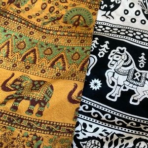 2 Handprinted Cotton Wrap Skirts: Mustard, White wi. Horses, Peacocks, Elephants
